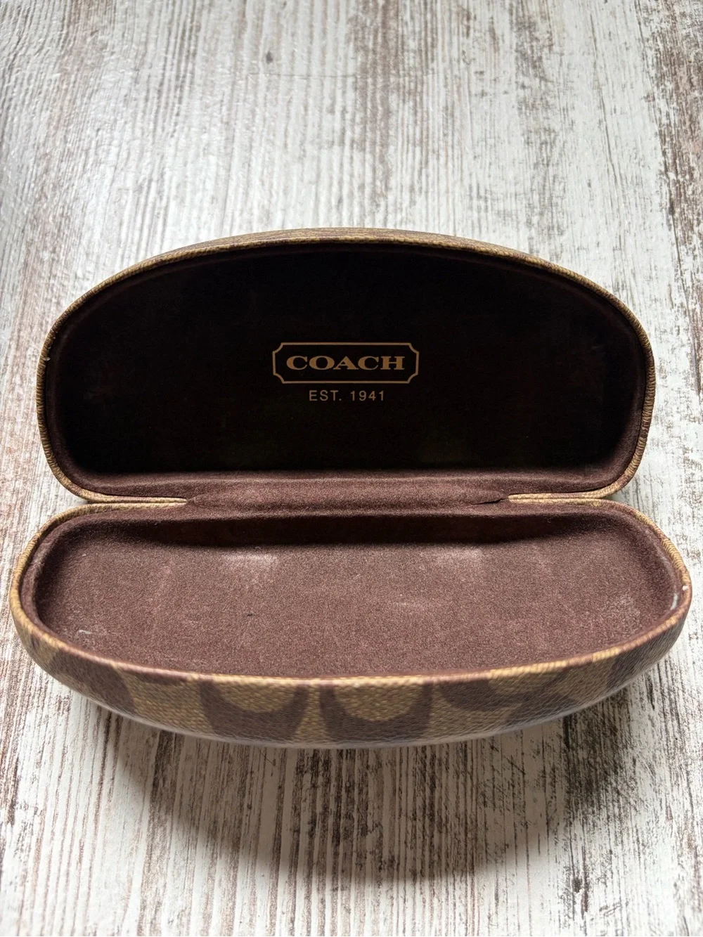 Coach Signature Tan Brown Hard Clam Shell Eye Glasses Sunglasses Case Clamshell